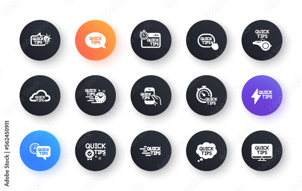 Poster quick tips icons. helpful tricks, solution and quickstart guide. tutorial classic icon set. circle w