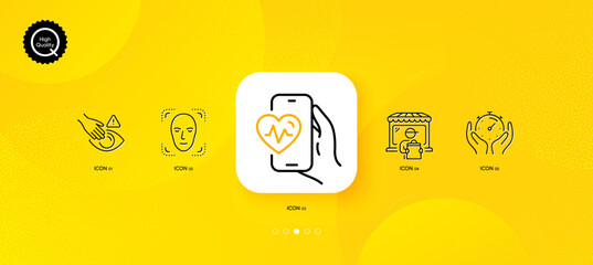 Dont touch, Cardio training and Delivery market minimal line icons. Yellow abstract background. Timer, Face detection icons. For web, application, printing. Vector - obrazy, fototapety, plakaty