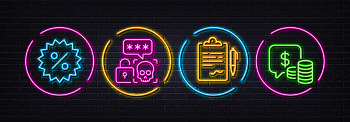 Cyber attack, Clipboard and Discount minimal line icons. Neon laser 3d lights. Coins icons. For web, application, printing. Password hacking, Agreement contract, Special offer. Vector