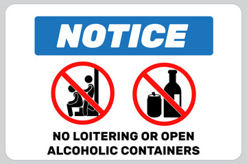 OSHA Notice No Loitering Sign: No Loitering Or Open Alcohol Containers. Eps10 vector illustration.