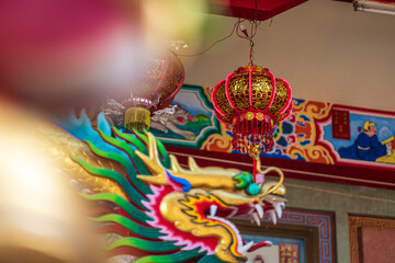 red lantern decoration for Chinese New Year Festival at Chinese shrine Ancient chinese art with the Chinese text Blessings written on it Is a Fortune blessing Is a public place Thailand