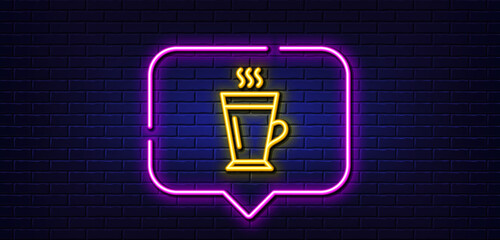 Neon light speech bubble. Latte line icon. Hot Coffee or Tea sign. Fresh beverage symbol. Neon light background. Latte glow line. Brick wall banner. Vector