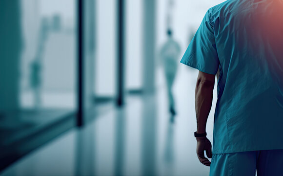 Standing doctor in front of blurred hospital interior background with copy space