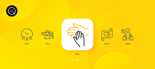 Fototapeta na wymiar Meeting time, Volunteer and Stop shopping minimal line icons. Yellow abstract background. People talking, Love letter icons. For web, application, printing. Vector