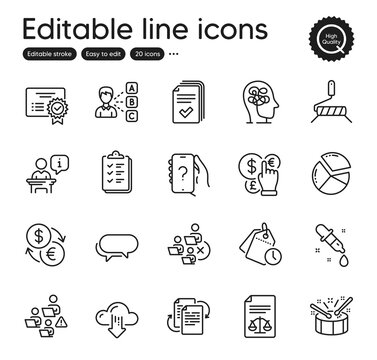 Set of Education outline icons. Contains icons as Podium, Legal documents and Certificate elements. Messenger, Drums, Remove team web signs. Teamwork, Pie chart, Time management elements. Vector