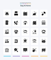 Creative Stay At Home 25 Glyph Solid Black icon pack  Such As balloon. ironing. movie. iron. tutorials