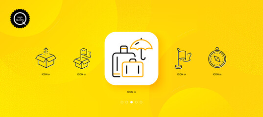 Fototapeta na wymiar Send box, Delivery location and Luggage insurance minimal line icons. Yellow abstract background. Travel compass, Flag icons. For web, application, printing. Vector