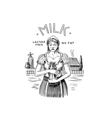 Village woman milkmaid with a can of milk on the background of a farm with a mill. Vintage logo or label for shop. Badge for t-shirts. Hand Drawn engrave sketch.