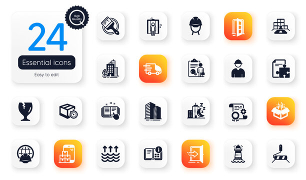 Set of Industrial flat icons. Technical documentation, Night city and Evaporation elements for web application. Mobile inventory, Fragile package, Foreman icons. Construction document. Vector