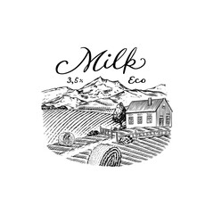 Rural village landscape. Field and mountains. Milk logo for shop. Badge for t-shirts. Hand Drawn engrave vintage sketch. Vector illustration.
