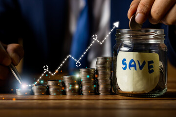 Savings deposit coins in a clear glass bottle.