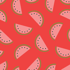 Seamless watermelon pattern. Slices with red flesh and black seeds. Summer bright Vector illustration good for printing.