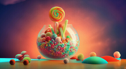 illustrazione creata con intelligenza artificiale di surreale ambiente con contenitore trasparente di caramelle, dolci e lecca lecca colorati, ideale con sfondo per compleanni ,mondo surreale di dolci - obrazy, fototapety, plakaty