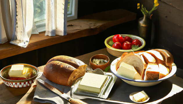 pane affettato su vassoio vicino a coltello e burro accanto a finestra , strofinaccio di lino elegante tavolo di legno, contenuto creato con intelligenza artificiale