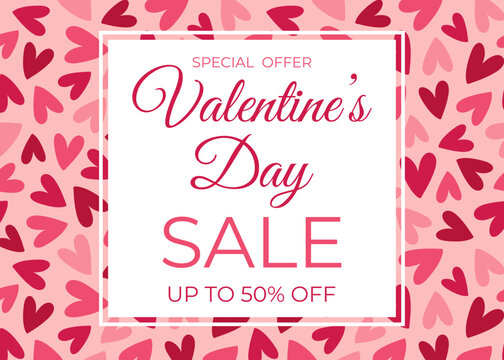 Special offer Valentine's Day banner template with hearts pattern. Template for poster, banner, flyer