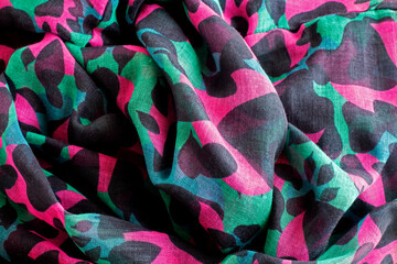 Spots multi-colored fabric, Multi-colored patch, Material Textile, Art background, Stained wallpaper, photo template, Blue, pink and black, Spotted motley. Curvy wavy veil.