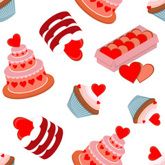 Vector seamless pattern. Sweet desserts for Valentine's Day. Cakes, cupcakes, cakes, cookies