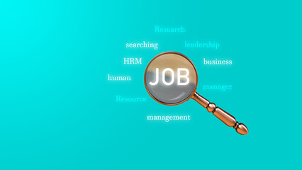 Corporate leadership recruitment concept in HR or HRM business. Magnifying glass highlighted manager icon for leading organization in recruiting and recruiting great people.