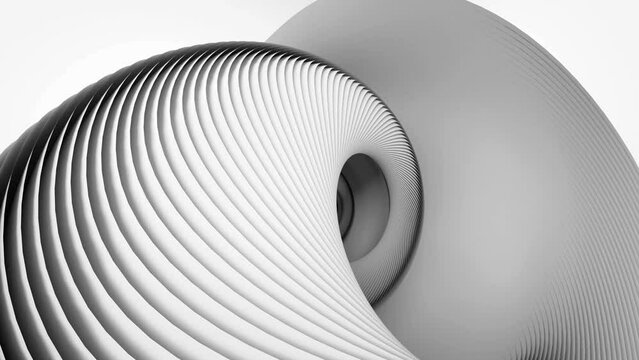 3d render of abstract art video animation with zoom rotating effect of surreal 3d mechanical ball shell in swirl twisted round shape in light grey matte plastic material on white background