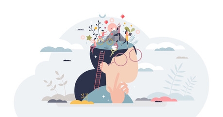 Daydreaming imagination and inspirational thinking scene tiny person concept, transparent background. Relax and think about vision, wishes and life future illustration. © VectorMine