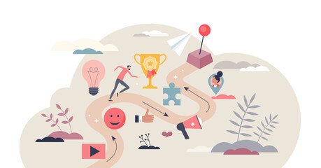 Gamification and entertainment game elements in learning process tiny person concept, transparent background. Interesting and creative tool with challenge path.