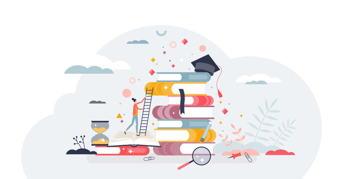 Growth education and development from book reading tiny person concept, transparent background. Professional career boost and ambitions from horizon expanding studies illustration.