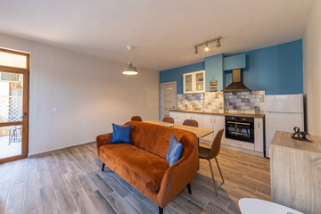 New modern living room with kitchen. New home. Interior photography