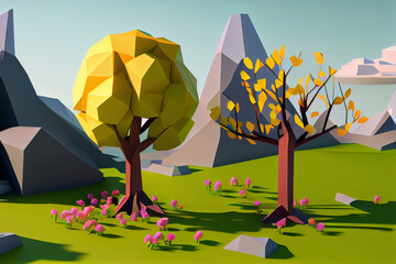 Low poly autumn landscape with trees