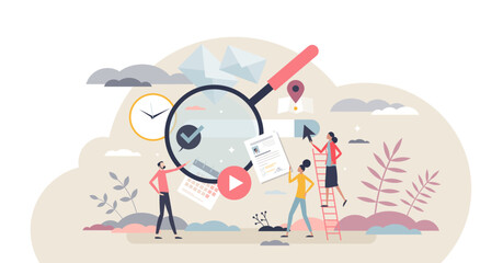 Searching information and info search engine on browser tiny person concept, transparent background. Internet network data research and results display process illustration.