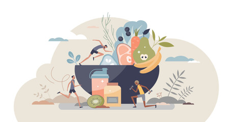 Sports nutrition and active lifestyle healthy eating menu tiny person concept, transparent background. Food diet for slimming, gym muscle growth or fitness energy with vegetables.