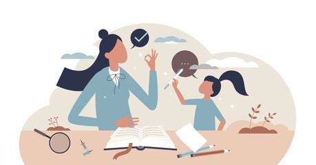 Tutoring as learning kids information and knowledge tiny person concept, transparent background.Studying and helping children with homework illustration.