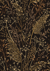 Vertical seamless pattern with wild and dry grass. Vector botanical illustration. Layout for wallpaper, textile, fabric. Dark background and golden ornament. Dried plants. Engraving style.