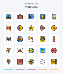 Creative Photo Studio 25 Line FIlled icon pack  Such As storage. sd card. player. portrait. photographer