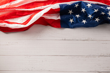 USA flag for Memorial day on abstract white wood background, Banner template design of presidents...