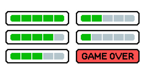 Game buttons. A retro vintage 8 bit game over screen, countdown: five lives. Vector illustration isolated on white background.