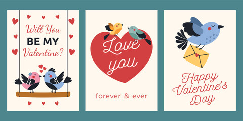 Fototapeta na wymiar A set of Valentine's Day cards. Vector template. Cute birds in love. Romantic wishes. I love you. Happy Valentine's Day. Will you be my Valentine?