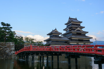 晴れた空をバックにした松本城