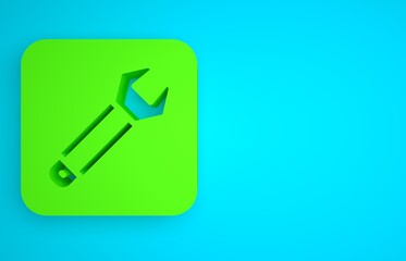 Green Wrench spanner icon isolated on blue background. Spanner repair tool. Service tool symbol. Minimalism concept. 3D render illustration