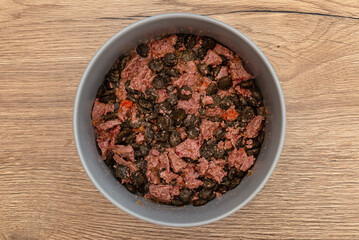 Wet food mixed with dry dog food in a ceramic bowl, top view.