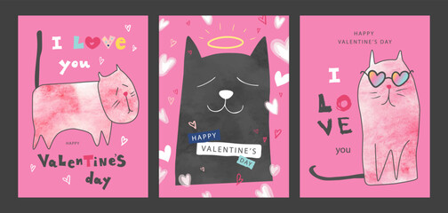 Set of Valentines Day cards with cute hand drawn cats.Vector illustration for postcards,posters, coupons, promotional material.