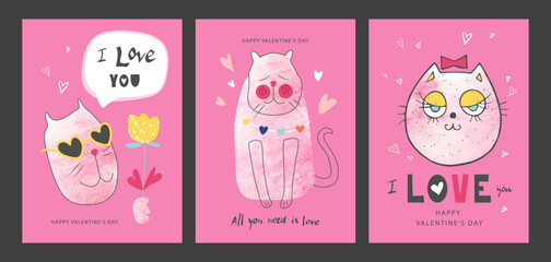 Set of Valentines Day cards with cute hand drawn cats.Vector illustration for postcards,posters, coupons, promotional material
