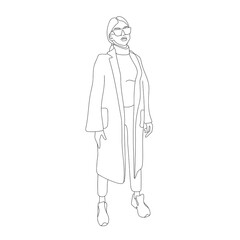 Fototapeta na wymiar Continuous line of a Fashion girl on white background. Girl dressed in a coat and sneakers on a white background, vector illustration