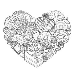 Vector coloring book page for adults. Black and white illustration of sweet food, candies, pastries, desserts, baked products