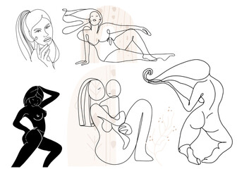 Set of abstract, line, contour hand drawings, female body beauty, motherhood.