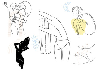 Set of abstract, line, contour hand drawings, female body beauty, motherhood.