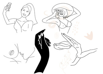 Set of abstract, line, contour hand drawings, female body beauty, motherhood.