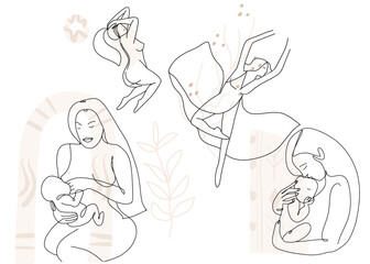 Set of abstract, line, contour hand drawings, female body beauty, motherhood.