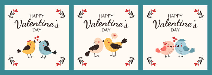 Happy Valentine's Day. Beautiful square templates for greeting cards, banners and posters with birds