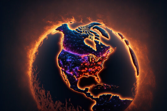 estilo render, world map of north america with fire seen from the galaxy. Ai generated art