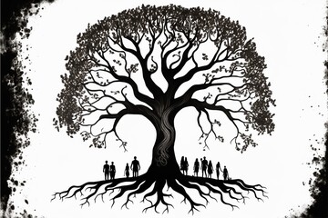 family under the tree, back to the roots
